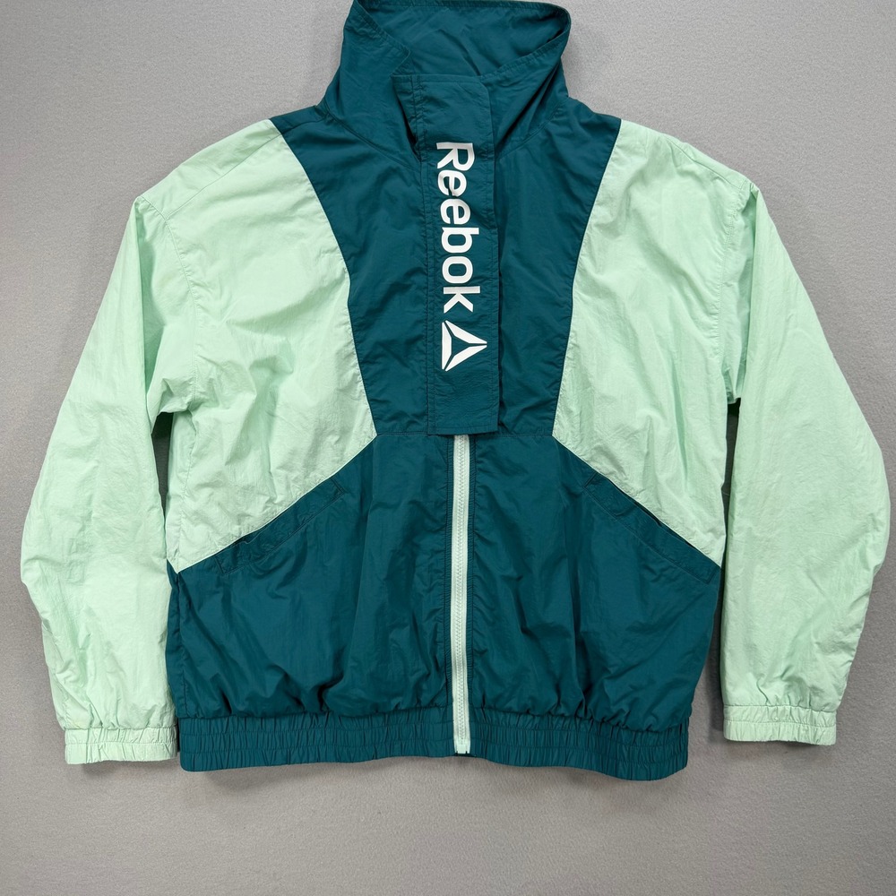 VTG Style Reebok M Focus Track Jacket Colorblock Teal Mint Green Spellout Logo